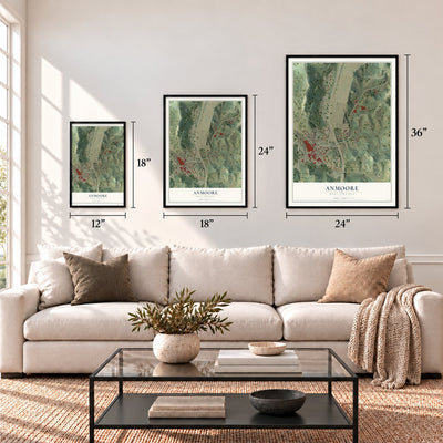 Anmoore, West Virginia map in 12 x 18, 18 x 24 and 24 x 36 inch sizes above a sofa