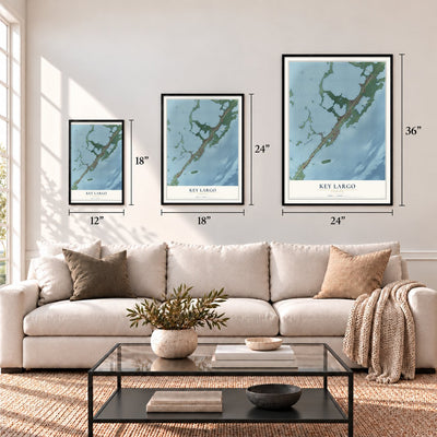 Key Largo, Florida map in 12 x 18, 18 x 24 and 24 x 36 inch sizes above a sofa