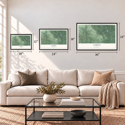 Comins, Michigan map in 12 x 18, 18 x 24 and 24 x 36 inch sizes above a sofa