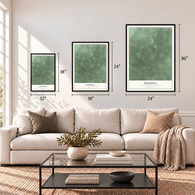 Russell, Lincoln County, Wisconsin map in 12 x 18, 18 x 24 and 24 x 36 inch sizes above a sofa