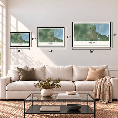 Carlyle, Illinois map in 12 x 18, 18 x 24 and 24 x 36 inch sizes above a sofa