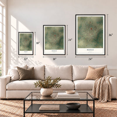 Runge, Texas map in 12 x 18, 18 x 24 and 24 x 36 inch sizes above a sofa