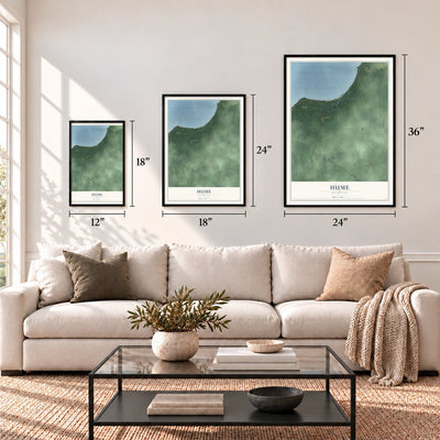 Hume, Michigan map in 12 x 18, 18 x 24 and 24 x 36 inch sizes above a sofa