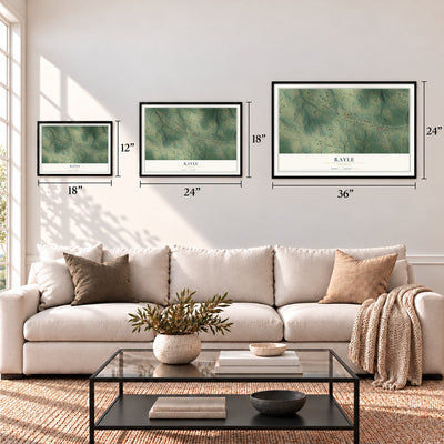 Rayle, Georgia map in 12 x 18, 18 x 24 and 24 x 36 inch sizes above a sofa