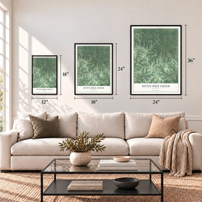 Seven Mile Creek, Wisconsin map in 12 x 18, 18 x 24 and 24 x 36 inch sizes above a sofa