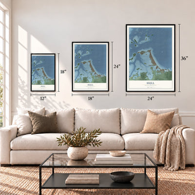 Hull, Massachusetts map in 12 x 18, 18 x 24 and 24 x 36 inch sizes above a sofa