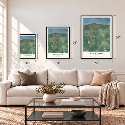Wading River, New York map in 12 x 18, 18 x 24 and 24 x 36 inch sizes above a sofa