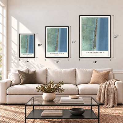 Highland Beach, Florida map in 12 x 18, 18 x 24 and 24 x 36 inch sizes above a sofa