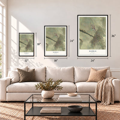 Madras, Oregon map in 12 x 18, 18 x 24 and 24 x 36 inch sizes above a sofa