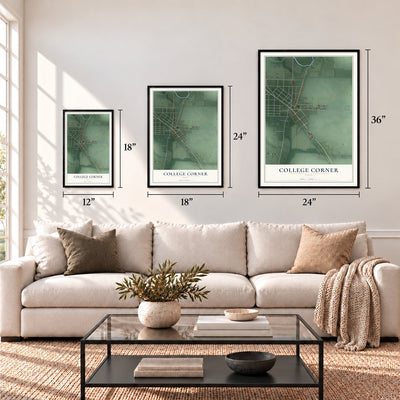 College Corner, Ohio map in 12 x 18, 18 x 24 and 24 x 36 inch sizes above a sofa