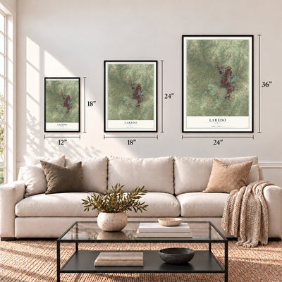 Laredo, Texas map in 12 x 18, 18 x 24 and 24 x 36 inch sizes above a sofa