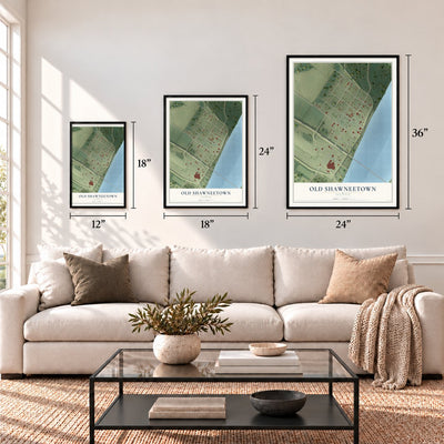 Old Shawneetown, Illinois map in 12 x 18, 18 x 24 and 24 x 36 inch sizes above a sofa