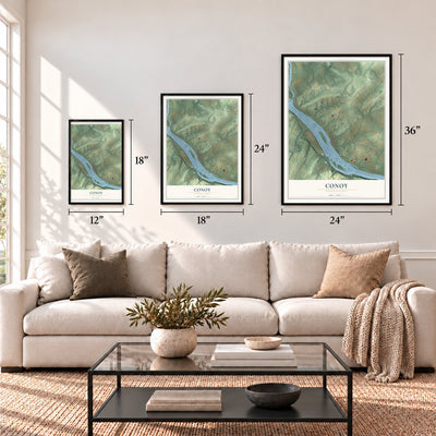 Conoy, Pennsylvania map in 12 x 18, 18 x 24 and 24 x 36 inch sizes above a sofa