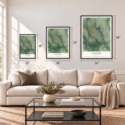 Glenaire, Missouri map in 12 x 18, 18 x 24 and 24 x 36 inch sizes above a sofa