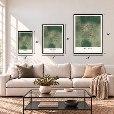 Kremlin, Oklahoma map in 12 x 18, 18 x 24 and 24 x 36 inch sizes above a sofa