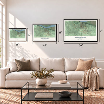 Brandenburg, Kentucky map in 12 x 18, 18 x 24 and 24 x 36 inch sizes above a sofa