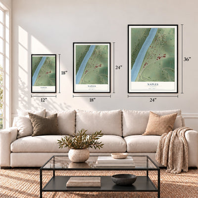 Naples, Illinois map in 12 x 18, 18 x 24 and 24 x 36 inch sizes above a sofa