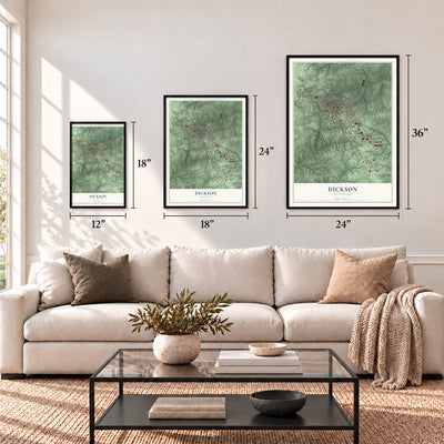Dickson, Tennessee map in 12 x 18, 18 x 24 and 24 x 36 inch sizes above a sofa