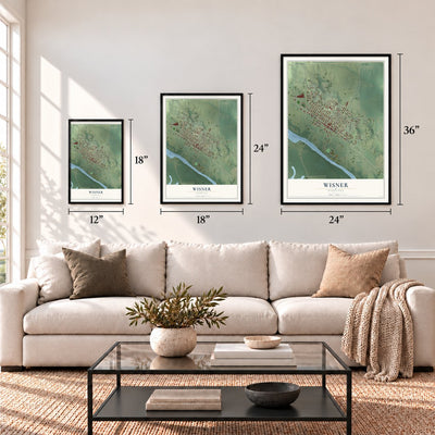 Wisner, Nebraska map in 12 x 18, 18 x 24 and 24 x 36 inch sizes above a sofa