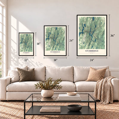 Sturbridge, Massachusetts map in 12 x 18, 18 x 24 and 24 x 36 inch sizes above a sofa