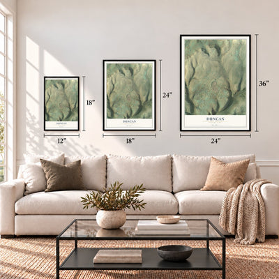 Duncan, Pennsylvania map in 12 x 18, 18 x 24 and 24 x 36 inch sizes above a sofa