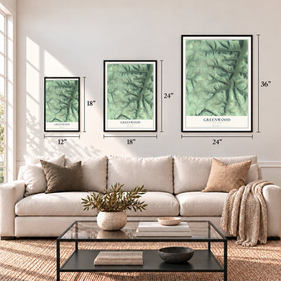 Greenwood, New York map in 12 x 18, 18 x 24 and 24 x 36 inch sizes above a sofa