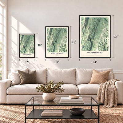 Williamstown, Vermont map in 12 x 18, 18 x 24 and 24 x 36 inch sizes above a sofa