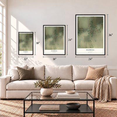 Haswell, Colorado map in 12 x 18, 18 x 24 and 24 x 36 inch sizes above a sofa