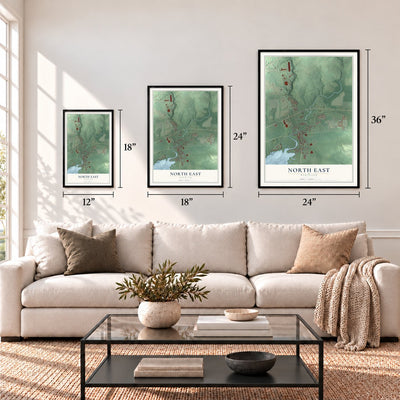 North East, Maryland map in 12 x 18, 18 x 24 and 24 x 36 inch sizes above a sofa