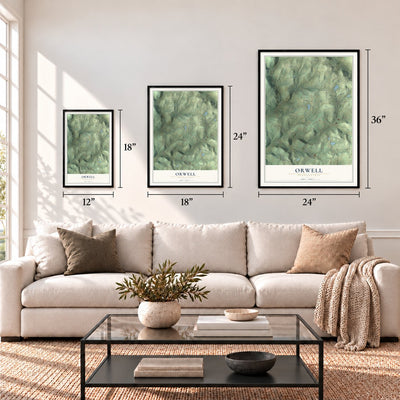 Orwell, Pennsylvania map in 12 x 18, 18 x 24 and 24 x 36 inch sizes above a sofa