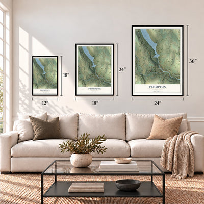 Prompton, Pennsylvania map in 12 x 18, 18 x 24 and 24 x 36 inch sizes above a sofa