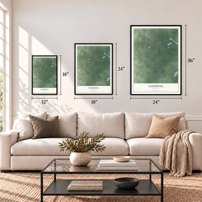 Cumming, Michigan map in 12 x 18, 18 x 24 and 24 x 36 inch sizes above a sofa
