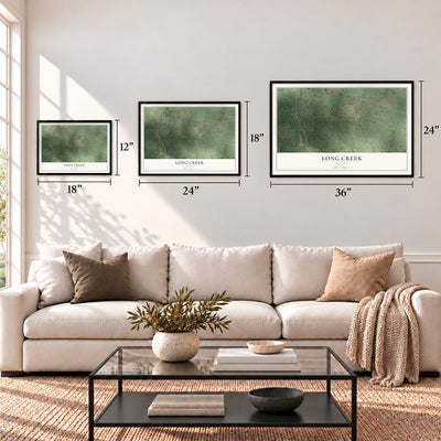 Long Creek, Illinois map in 12 x 18, 18 x 24 and 24 x 36 inch sizes above a sofa