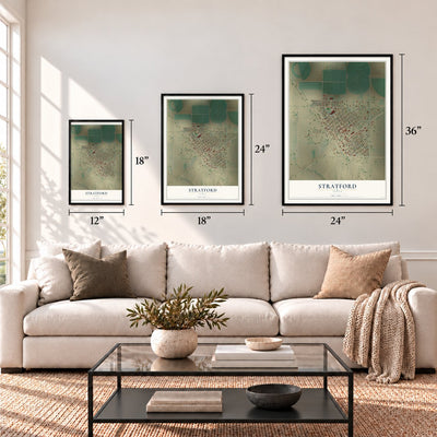 Stratford, Texas map in 12 x 18, 18 x 24 and 24 x 36 inch sizes above a sofa