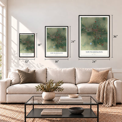 New Washington, Ohio map in 12 x 18, 18 x 24 and 24 x 36 inch sizes above a sofa