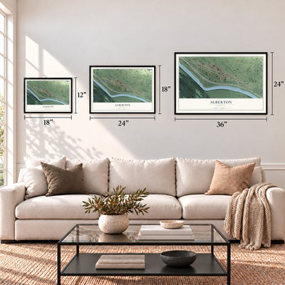 Alberton, Montana map in 12 x 18, 18 x 24 and 24 x 36 inch sizes above a sofa