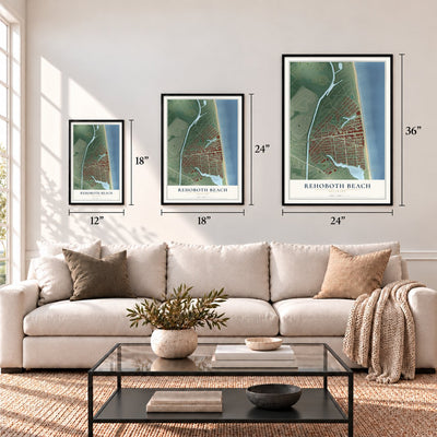 Rehoboth Beach, Delaware map in 12 x 18, 18 x 24 and 24 x 36 inch sizes above a sofa