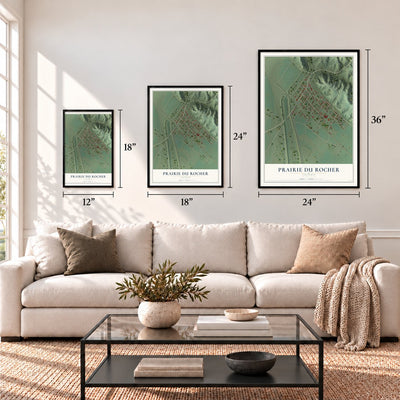 Prairie du Rocher, Illinois map in 12 x 18, 18 x 24 and 24 x 36 inch sizes above a sofa