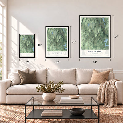 New Hartford, Connecticut map in 12 x 18, 18 x 24 and 24 x 36 inch sizes above a sofa
