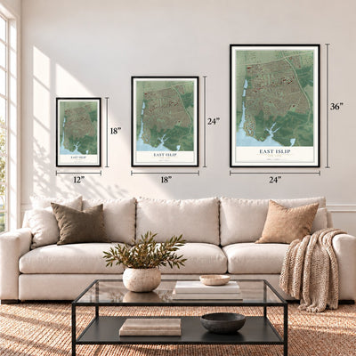 East Islip, New York map in 12 x 18, 18 x 24 and 24 x 36 inch sizes above a sofa