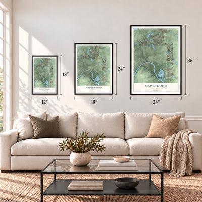 Maplewood, Minnesota map in 12 x 18, 18 x 24 and 24 x 36 inch sizes above a sofa