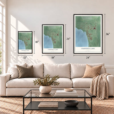Chippewa Lake, Ohio map in 12 x 18, 18 x 24 and 24 x 36 inch sizes above a sofa