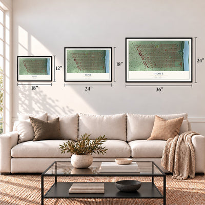 Howe, Minnesota map in 12 x 18, 18 x 24 and 24 x 36 inch sizes above a sofa