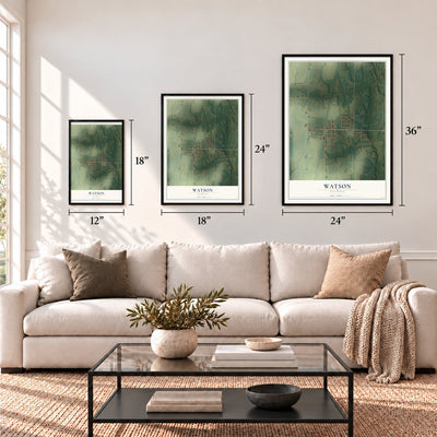 Watson, Illinois map in 12 x 18, 18 x 24 and 24 x 36 inch sizes above a sofa