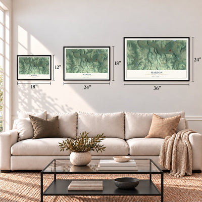 Marion, Beaver County, Pennsylvania map in 12 x 18, 18 x 24 and 24 x 36 inch sizes above a sofa
