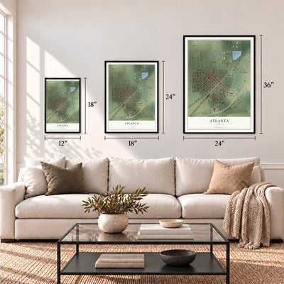 Atlanta, Illinois map in 12 x 18, 18 x 24 and 24 x 36 inch sizes above a sofa