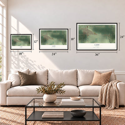 Ladd, Illinois map in 12 x 18, 18 x 24 and 24 x 36 inch sizes above a sofa