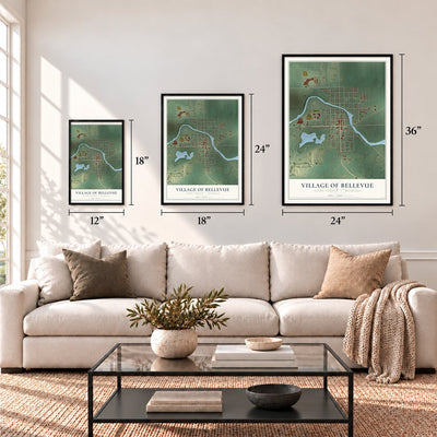 Bellevue, Michigan map in 12 x 18, 18 x 24 and 24 x 36 inch sizes above a sofa