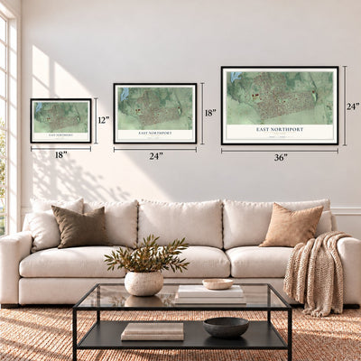 East Northport, New York map in 12 x 18, 18 x 24 and 24 x 36 inch sizes above a sofa