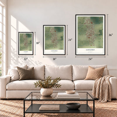 Gifford, Illinois map in 12 x 18, 18 x 24 and 24 x 36 inch sizes above a sofa